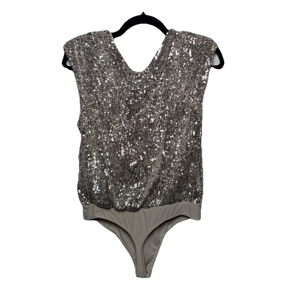 Express Womens Small  Silver Sequin Sparkly Stretchy Bodysuit Y2K Glam party - Picture 2 of 7